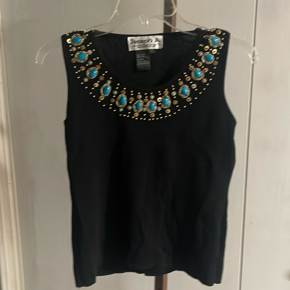 Joseph A Black Tank Top with Turquoise & Gold Embellished Neckline